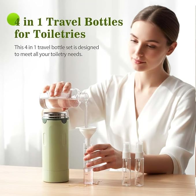 4-in-1 Travel Dispenser Bottle, 4 Pack 30ML Refillable Leakproof BPA-Free Plastic Containers for Toiletries, Portable TSA Approved Travel Size Bottles Set for Shampoo Conditioner Lotion (Green)