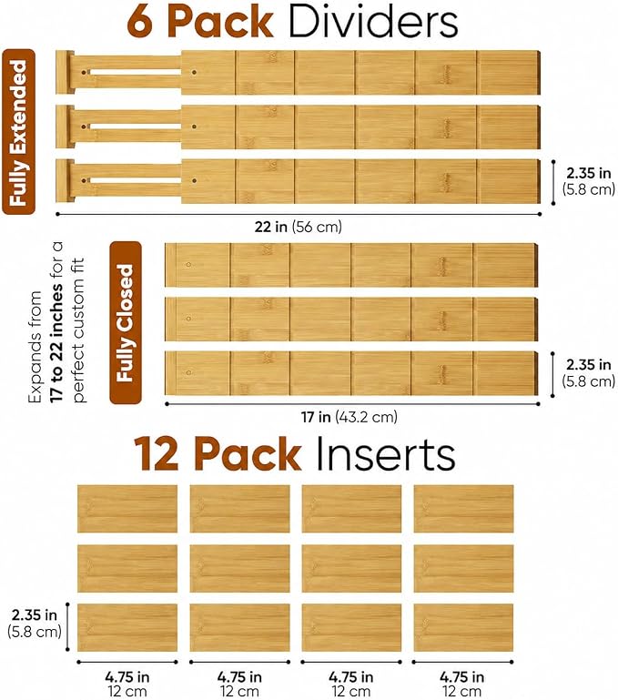 6 Pack Bamboo Drawer Dividers, Adjustable 17–22 Inch Expandable Drawer Organizer for Kitchen, Dresser & Closet, Bamboo Kitchen Drawer Organizer, Drawer Divider Set with 12 Inserts