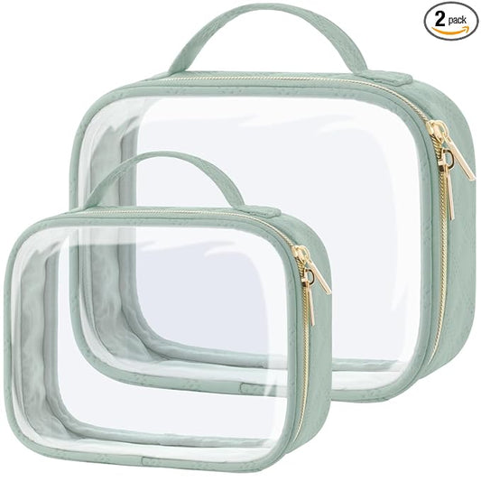 PACKISM TSA Approved Toiletry Bag Combo Pack, 1 Clear Makeup Bag Medium & Large for Checked Luggage, Clear Travel Bag with Handle, Water-resistant Travel Essentials Organizer, Laurel Green