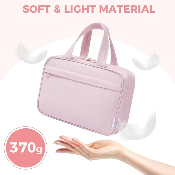 Toiletry Bag for Women, Portable Hanging Organizer, 4 Leakproof Compartments for Full-Sized Conditioners, Brush Sets, Makeup Accessories, Visible and Easy to Access, M, light pink