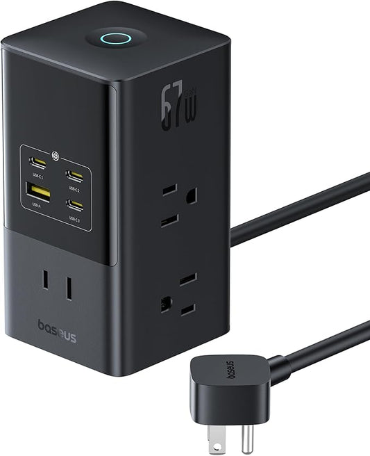 Baseus Charging Station 67W, 10-in-1 USB-C PD Fast Charging Desktop Charger with 1200J Surge Protection, 5ft Extension Cord, 6 AC, 3 USBC, 1 USBA Ports for iPhone 16/15, MacBook, Tablet, Desktop