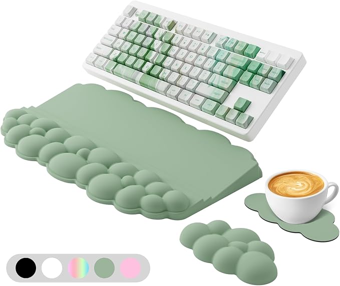 Wrist Rest with Keyboard Stand, Ergonomic Computer Wrist Support Pad, Cloud Keyboard Riser Holder with Wrist Pad, Memory Foam Desk Cushion, Palm Hand Typing for Office Home School-Green