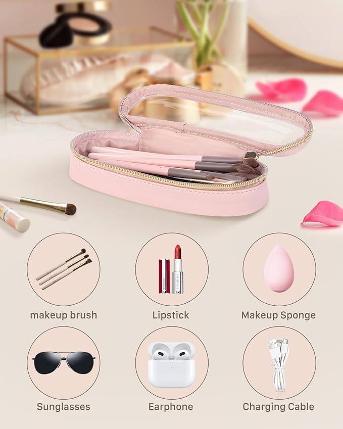 Soimeat Clear Travel Makeup Brush Holder, Leather Makeup Brush Toiletry Bag, Portable Cosmetic Brush Case, Transparent Waterproof Makeup Brush Storage Bag, Pink, Large