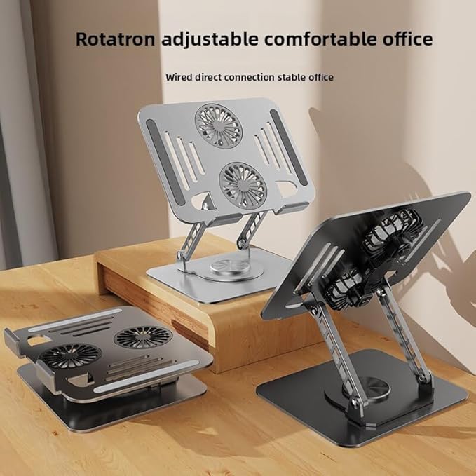 360° Rotatable Carbon Steel Laptop Stand ??Adjustable Height, Tablet Lift, Cooling & Folding Desktop Holder | Soporte Giratorio de Acero para Laptop, Ajustable, Elevador, Plegable y Ventilado