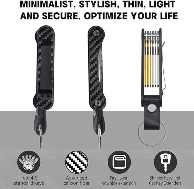 Key Organizer - Compact Real Carbon Fiber Key Holder | Minimalist| O ring included for car key fob