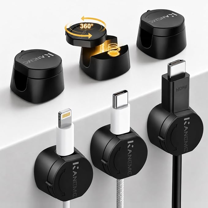 6-Pack Magnetic Cable Clips 360° Rotating, Kanemc Adhesive Cord Organizer for Desk, Minimalist Wire Holder Cable Management for Phone Charger, Laptop Cords, Nightstand and Office Accessories