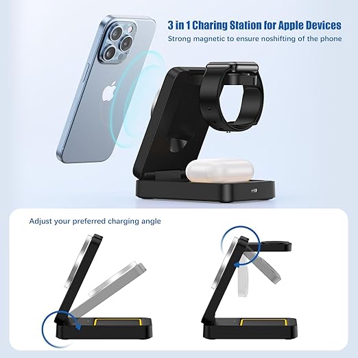 3 in 1 Wireless Charger Station for Multiple Apple Devices, Foldable Magnetic MagSafe Charging Stand, Portable Fast Travel Charger for iPhone 17/16/15/14/13/12/11 Pro Max/Apple Watch Series/Airpods