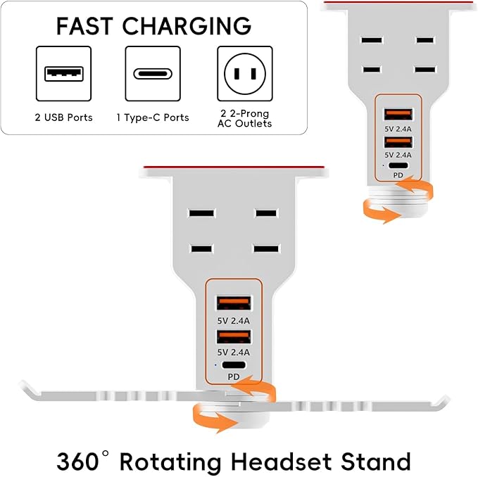 Gaming Headphone Stand with Charging Station - Aluminum Hooks Headphone Holder, Under Desk Headset Stand, 3 USB & AC Outlet, Surge Protector & Cable Organizer, Gift for Girl/Men
