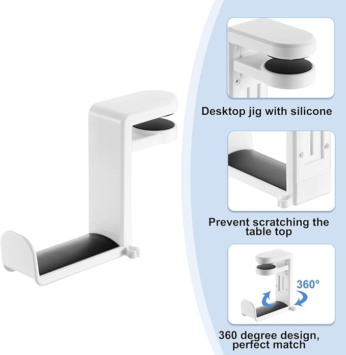 HARFINGTON Headphone Stand Holder 360 Degree Adjustable Clamp Desk Hook Clamp 0.39"-1.65" Clamping Range PC Gaming Headset Stand for Headphone Earphone, White/Black