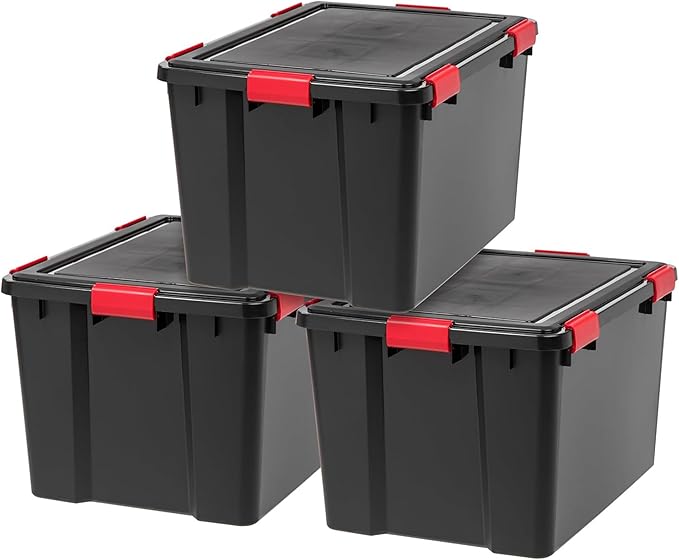 IRIS USA WeatherPro 74 Qt Storage Bins with Lids, 6 Pack, BPA-Free Plastic Gasket Box with Tight Latch and Seal, Stackable Nestable Tote Tub - Black/Red