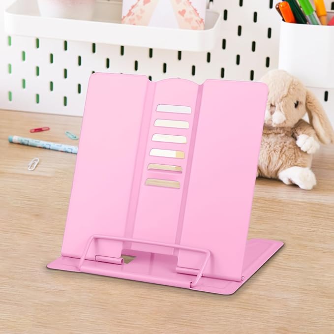 Honagu Small Book Stand Book Holder Metal Desk Book Stand for Reading Hands Free, Adjustable Cookbook Documents Holder, Portable Bookstand for Music Books, Textbook, Recipe, Tablet, Ipad (Pink)