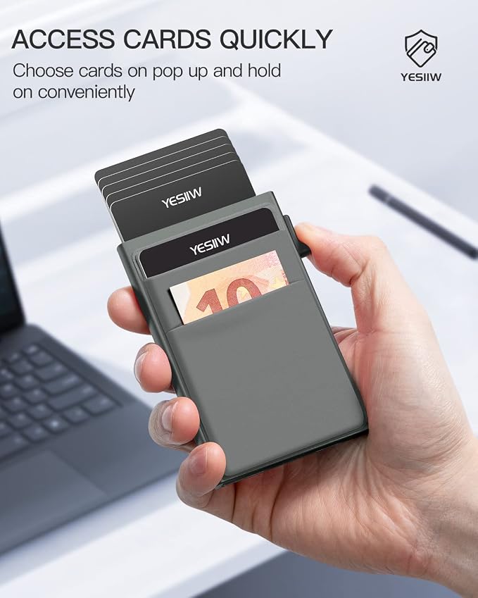 YESIIW Auto Pop up Credit Card Holder with Money Pocket Minimalist Business Card Wallet RFID Blocking for Men Smart Slim Aluminum Metal Debit Card Case Gifts For Dad Fathers | Space Grey
