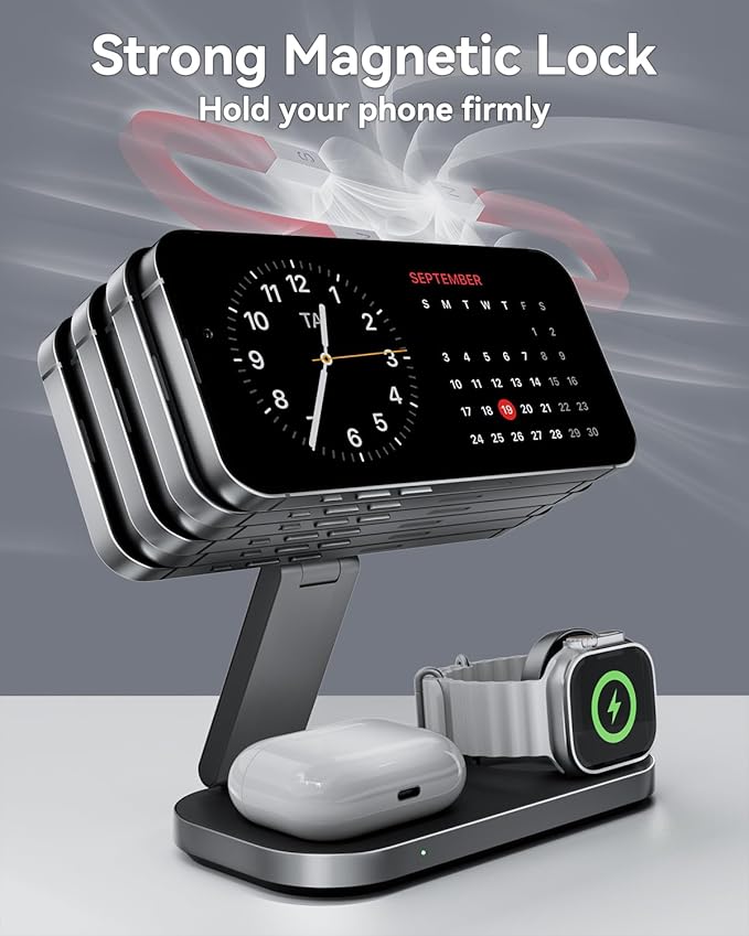 3-in-1 Charging Station for Apple Device, Qi2 25W Certified Magnetic Wireless Foldable Fast Charger Stand Compatible with MagSafe for iPhone 17e/17/16/15/14/13/12/Air Series, Apple Watch & AirPods