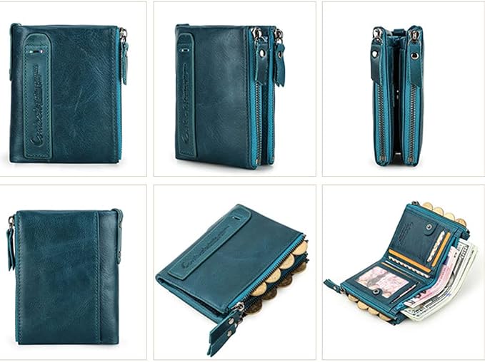CONTACTS Womens Bifold Wallet Leather Small Zipper Coin Purse for Women Fashion Card Holder with ID Window (Peacock Blue)