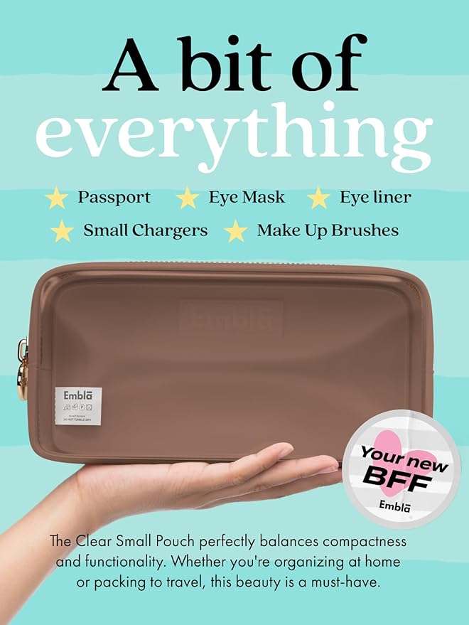 Embla Medium Clear Makeup Bag Travel for Toiletries Cute Make Up Nylon Organizer Pouches Quart Size Cosmetic Bags for Women Girls Zipper Toiletry Skincare Pouch Organizer for Purse Brown