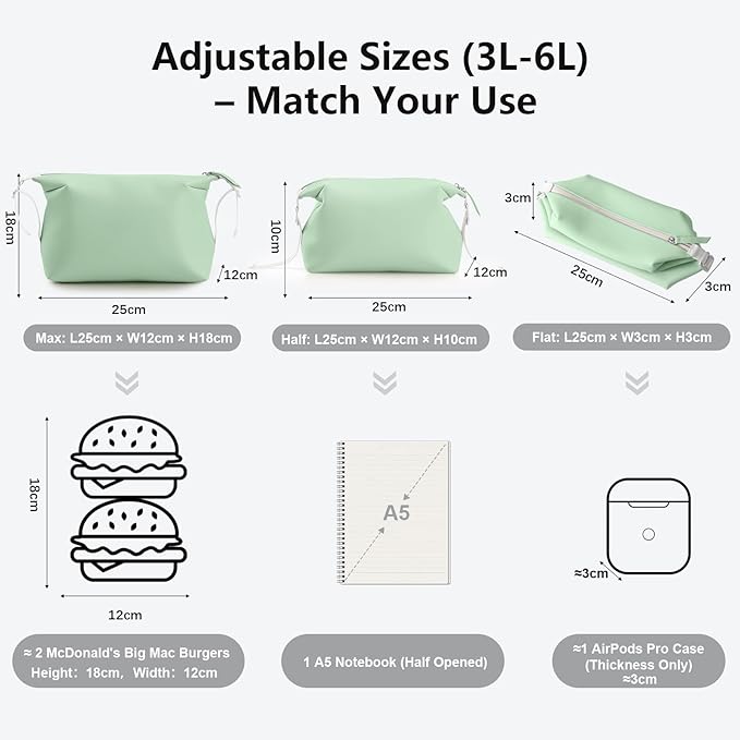 Vomgomfom 6L 13 Inch Silicone Toiletry Bag, Waterproof Leakproof Travel Cosmetic Organizer, Adjustable G-Buckle Compression Dopp Kit, Foldable Makeup Bag for Women & Men (Green, 13" 6L)