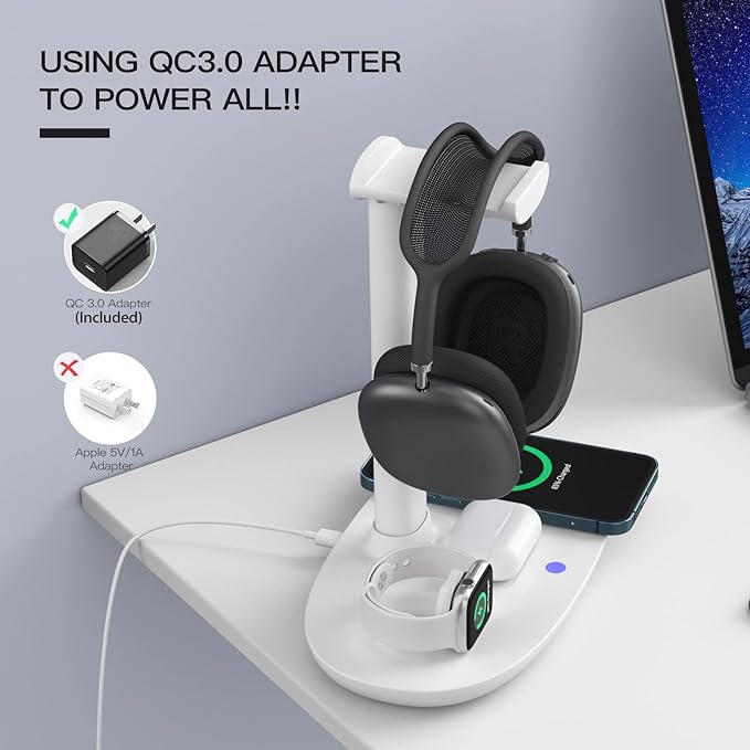 Headphone Stand with 15w Wireless Charger, Suguder 4 in 1 Charging Station Headset Holder for AirPods Max/Pro/4/3/2 iWatch 10/9/8/7/6/5/4/3/2/1/SE iPhone 17/16/15/14/13/12/11/X for Desktop Table Game