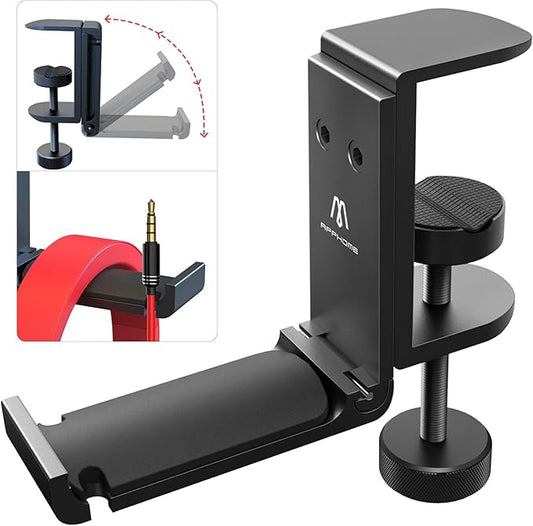Foldable Headphone Stand Under Desk, Metal Headset Holder Hook for Desk with Cable Organizer, Space-Saving Desk Bag Hook & Backpack Hanger for Gaming Office, Universal Fit, Black