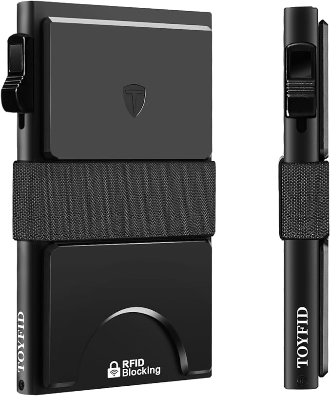 TOYFID Slim Wallet for Men,Black RFID Blocking Card Holder with Expandable Backplate Money Clip & ID Window Quick Access Minimalist Metal Pop Up Wallet,Holds 12+ Credit Cards/Passport/ID Cards