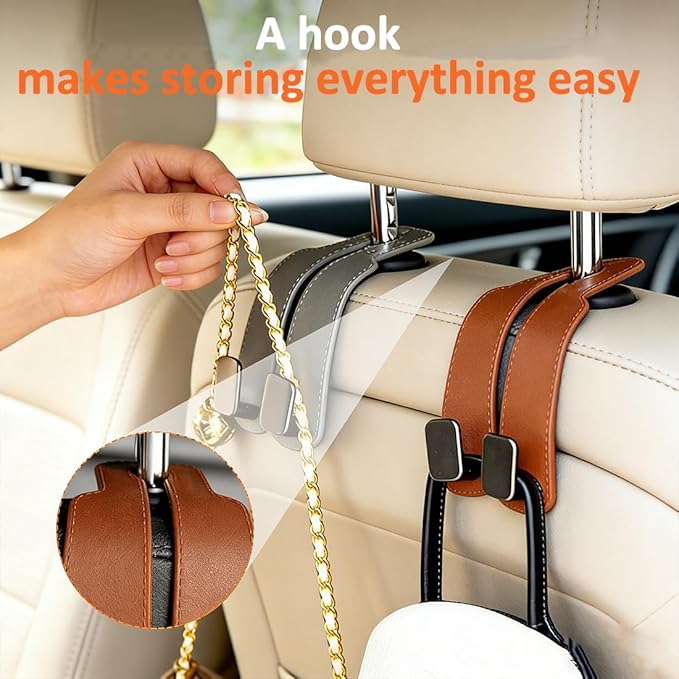 Headrest Hooks for Car, 2 Pack Leather & Metal Car Seat Hooks for Headrest, 50lbs Weight Limit Car Seat Storage Hook, Car Storage Hooks for Purses, Handbags, Grocery Bags, Bottles (Black)
