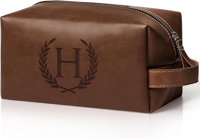 Personalized Gifts Travel Toiletry Bag for Men Engraved Initial PU Leather Waterproof Shaving Bag for Toiletries Accessories Fathers Day Birthday Gift for Men Dad Husband Son, Reddish Brown H