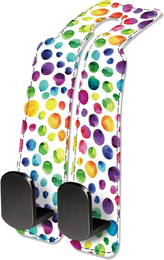 Car Seat Headrest Hook, Universal Leather Cute Hanger Holder Hook, Storage Organizer Interior Accessories for Purse Bags Handbag Colorful Polka Dots