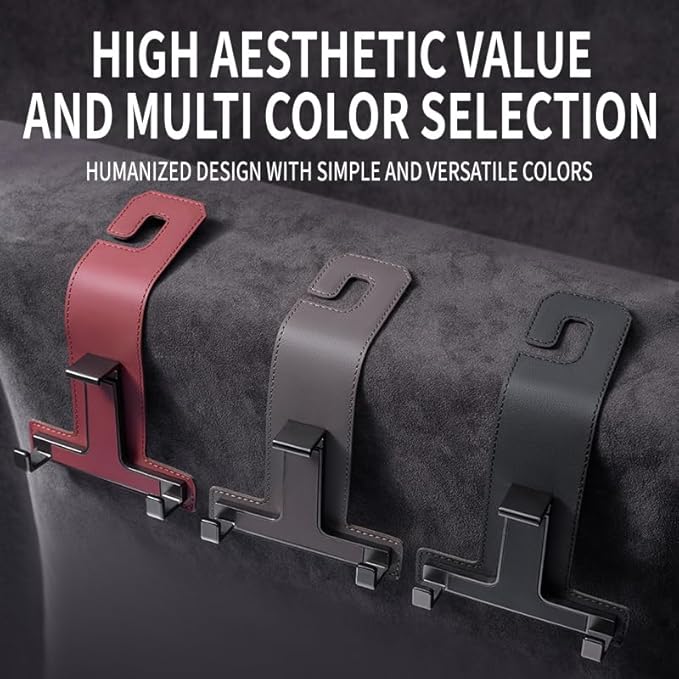 Car Hooks for Headrest, Multifunctional Luxurious Leather and Magnesium Alloy Car Seat Back Hook & Mobile Phone Holder, Double Headrest Hanger Storage Hook for Purses, Handbags (Brown)