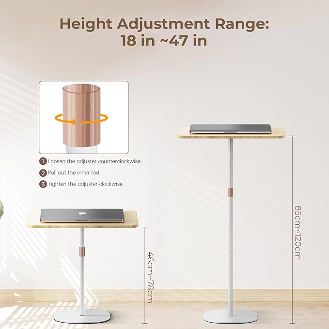 Portable Laptop Floor Stand, Bedside/Sofa Table with Height Adjustable 18''~47'', Stylish Movable Workstation Floor Standing Desk for Office, Meeting Room, Living Room Easy Assembly, White