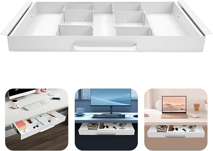 Under Desk Pull-out Drawer with Adjustable Divider for Storing Pencil and Office Accessories Under Desk Mounted Tray Organizer for Sit Stand Workstation, 21.5x10.2x2.1in