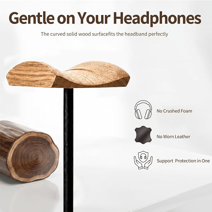 Headphone Stand Nature Wood & Metal Headset Hanger Mount Hook Gaming Holder Desktop Earphone Artful Functional Craftmanship Stand for All Headsets with Solid Wooden Base