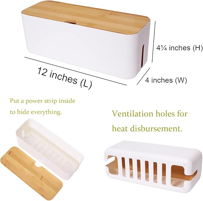 Changsuo Cable Management Box Small White, Extension Cord Organizer for Power Stripe Surge Protector Wire Management Concealer Cover Hider for Desktop Home Office Kitchen (White)