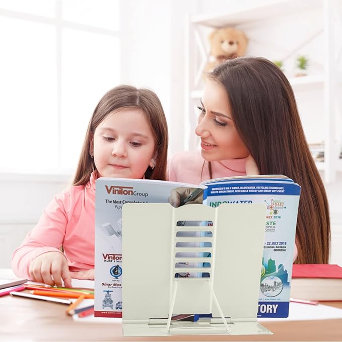 Honagu Book Stand Metal Desk Book Holder, Book Holders for Reading Hands Free, Adjustable Cookbook Documents Holder, Portable Bookstand for Music Books, Textbook, Recipe, Tablet, Ipad (Milky White)