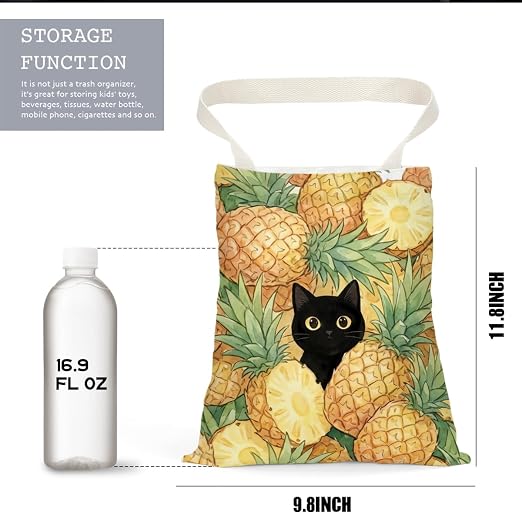 Black Cat Car Trash Bag, Pineapple Car Trash Bag Hanging, Pineapple Accessories, Summer Decor Waterproof Cars Back Seat Hanging Organizer Garbage Can for Vehicle Travelling Camping