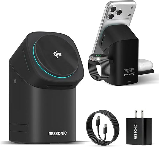 3 in 1 Wireless Charging Station for iPhone 17/16/15/14/13/12 Pro Max, Qi 2 Certified 15W Fast Charging Magnetic Charger Stand for Magsafe Phone, AirPods, Smart Watch (Black)