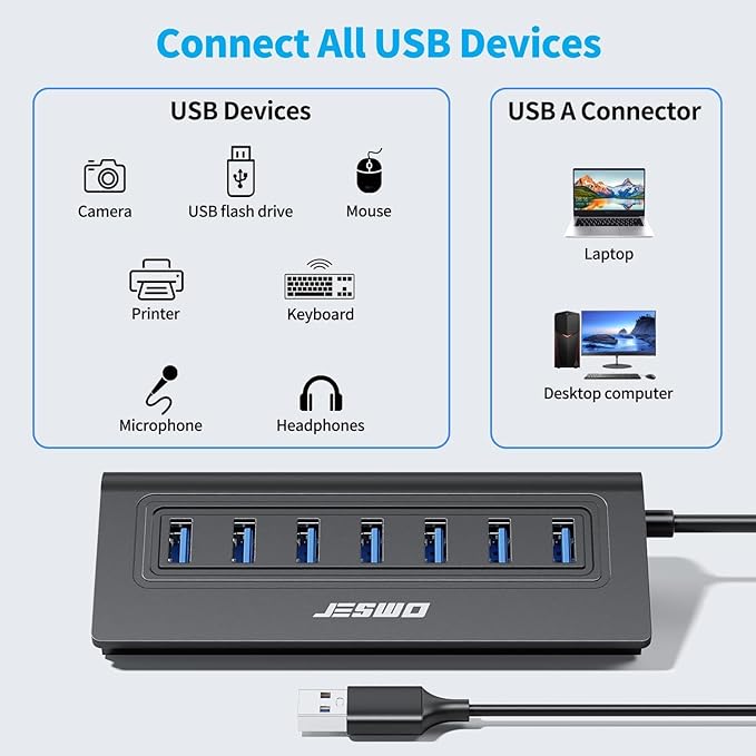 USB Hub 3.0, JESWO Aluminum 7 Port USB 3.0 Hub with 3.3Ft Cable, USB Splitter with 7-USB3.0 Data Ports Compatible with MacBook, Laptop,Surface Pro, PS5, PC and More (No Power Adapter Included)