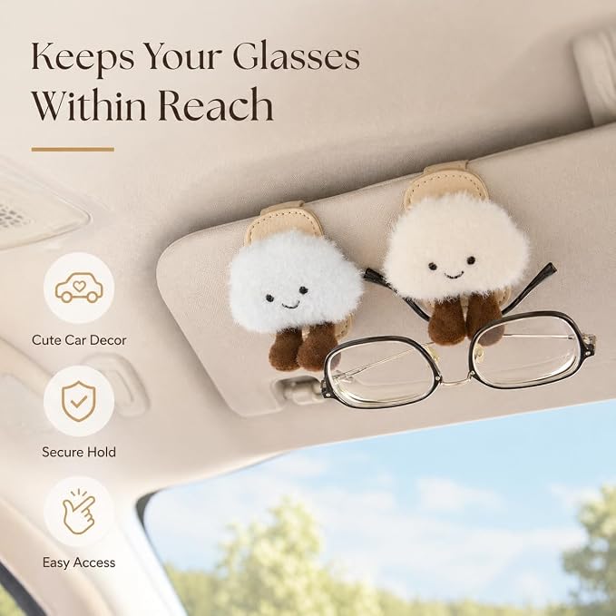 2 Pack Cute Cloud Sunglasses Holder for Car Visor, Plush Car Sunglass Clip, Magnetic Eyeglass Glasses Holder for Sun Visor, Ticket Card Clip, Cute Car Accessories for Women Girls White