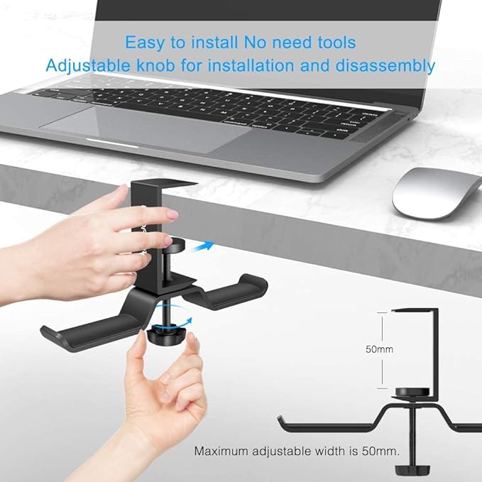 aceyoon Foldable Headphone Stand for Desk, Aluminum Headset Stand Clamp Hook Under Desk Space Save Mount, Headset Holder for Gaming Headphone, Office, Backpack, Bag, Purse Hanging (Black)