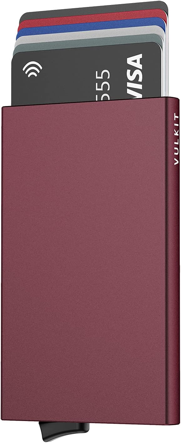 VULKIT Pop Up Wallet, Slim Minimalist Credit Card Holder For Men and Women RFID Blocking Mini Metal Case Wine