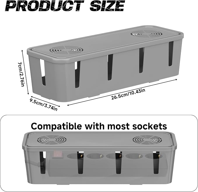 Cable Management Box, Cable Organizer Box and Power Strip Box, Power Strip Protector Box - Wire Box Hider for Desk - 10 Open Slots (Grey)