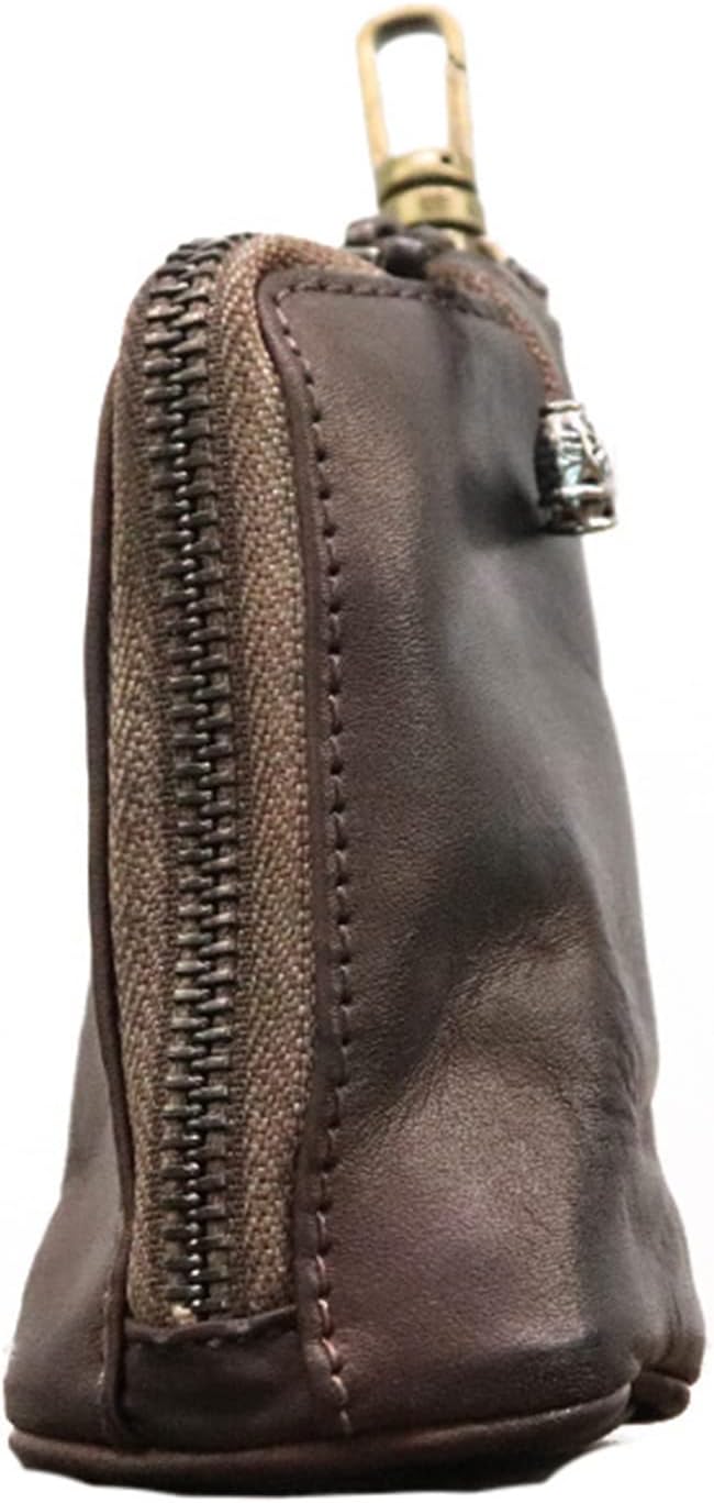 Medieval Leather Zipper Coin Pouch, Genuine Cowhide Handcrafted Coin Organizer Change Holder Keychain Coin Purse for Men & Women (Coffee)