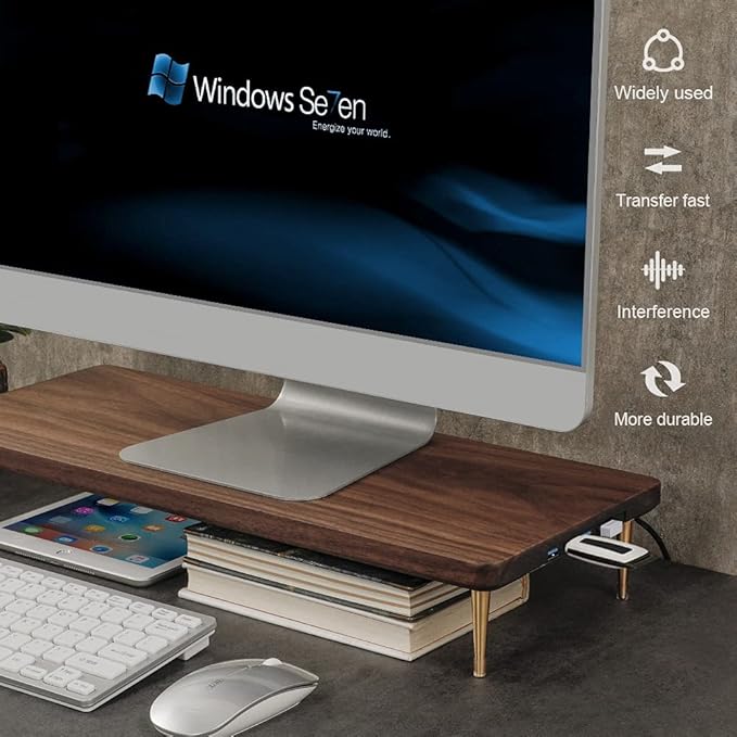 Monitor Stand with 4 USB Ports Walnut Wood Riser for iMac Laptop Computer Monitor ??A Sturdy Computer Stand to Elevate Your Screen and Reduce Eye Strain and Maintain Body Position