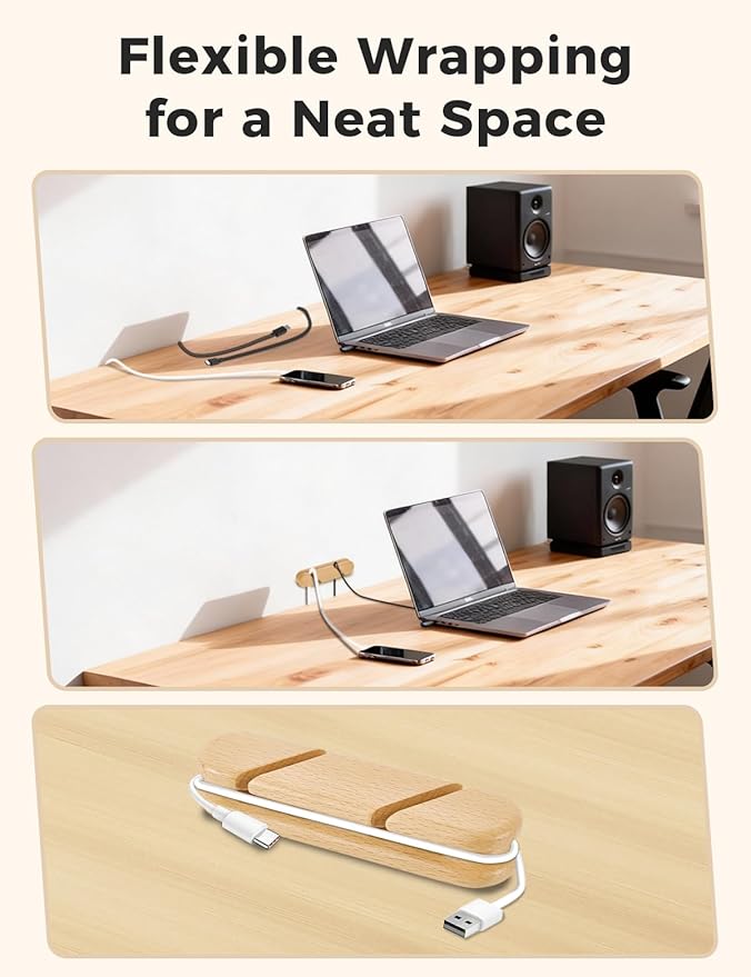 Natural Beech Wood Cable Holder & Cord Organizer, Adhesive Cable Clips for Desk, Under Desk, Wall, Bedside & Car, Wood Cable Management for Home Office, Phone Charging & USB Cables
