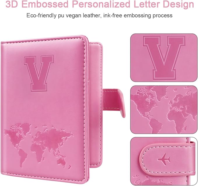 Passport Holder Cover Initail Letter A-Z Travel Wallet 3D Embossed Design RFID Blocking Card Holder Personalized Gift Passport Cover Wallet, Passport Book Holders for Women and Girls, Pink-V