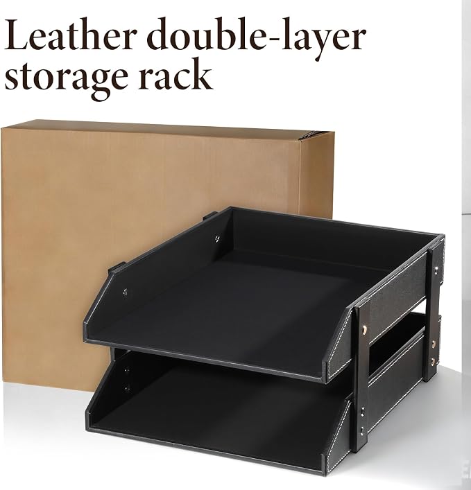 Leather Desk File Organizer 2-Tier Stackable Letter Tray Holder Desktop Organization Holder for Document, Magazines, Newspapers, Letters, and Other Home Office Paper Sundries, Black