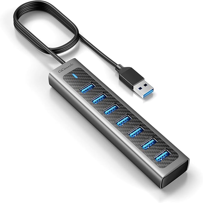 GiGimundo USB 3.0 Hub, 7-Port USB Extender Hub with 3.3FT Long Cable, USB Splitter, Aluminum High-Speed 5Gbps USB Hub for PC, Laptop, Desktop, Computer, PS5, XPS(Gray,1M)