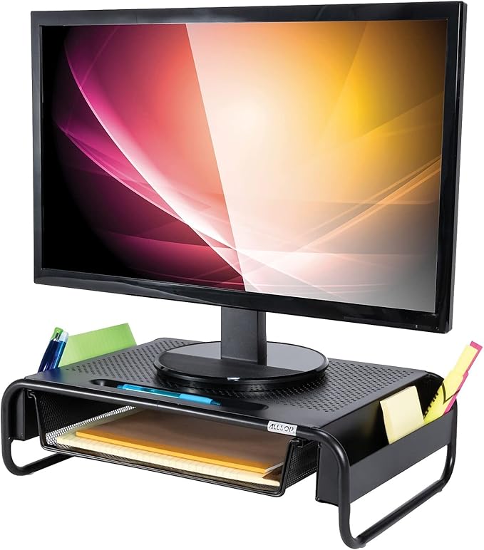 Allsop 32166 Metal Art Organizer 5 Riser Monitor Stand with Drawer and Side Caddies, Black
