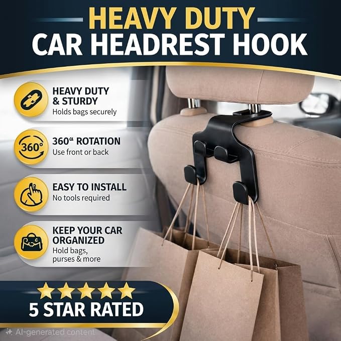 Car Headrest Hook | 360° Rotation Seat Back Hanger for Bags, Purses & Groceries | Durable ABS Plastic Car Organizer (Pack of 2 - Black)