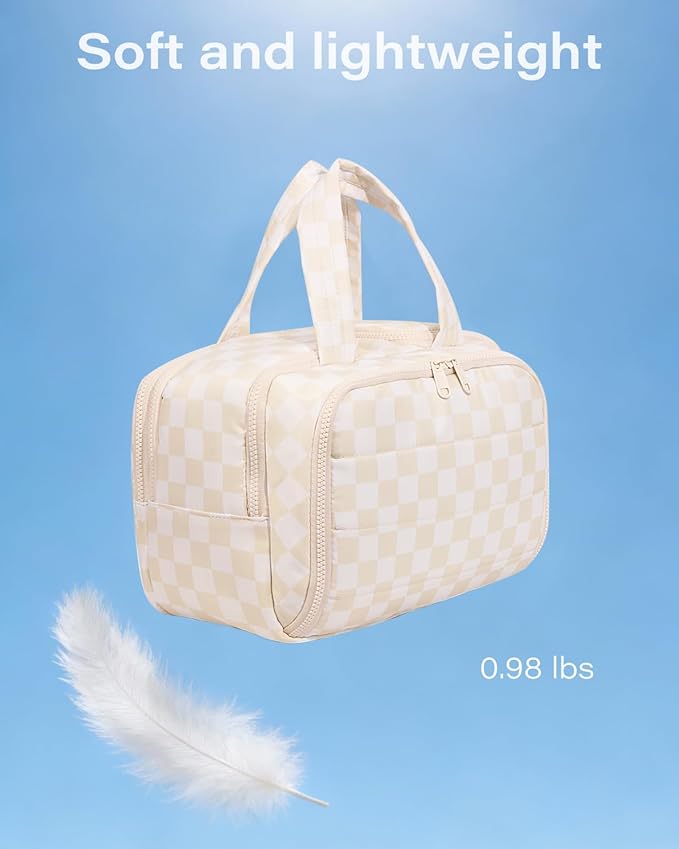 Travel Toiletry Bag, Spacious Beige Checkered Toiletry Bag for Women,Large Toiletry Bags for Traveling,Lightweight Travel Cosmetic Makeup Bag Organizer for Accessories,Toiletries (Beige Checkered)