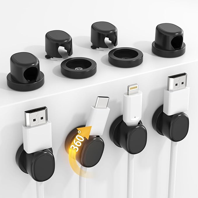 Rotatable Cord Holder, Snap-Lock Cable Clips, 8 Pack Adhesive Cord Organizer, Phone Charger Wire Organizer Keeper for Nightstand Car Kitchen Office Accessory,Black