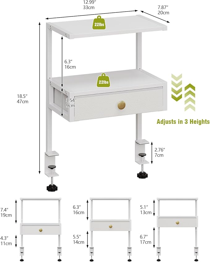 VENNQD Clamp On Desk Shelf, 2-Tier Desktop Organizer, Wood Desktop Supplies Tabletop Book Storage Rack with Adjustable Shelves for Table Working and Gaming Accessories, White